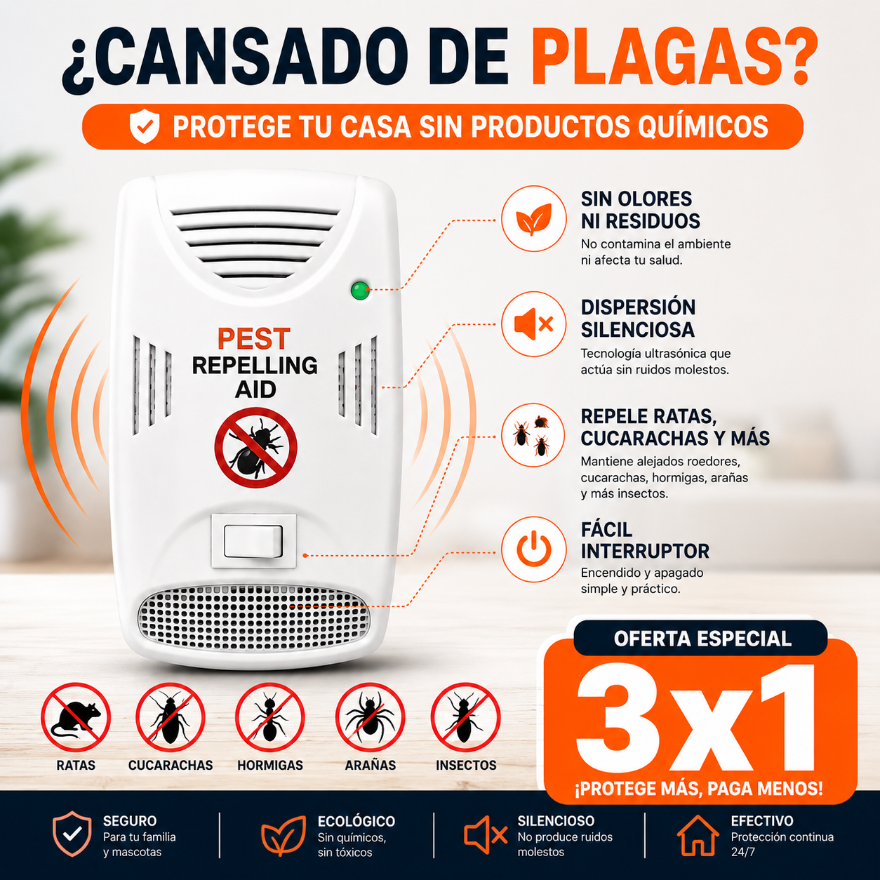OFERTA LLEVA 3 PAGA 1 | REPELENTE ULTRASONICO PARA INSECTOS Y RATONES